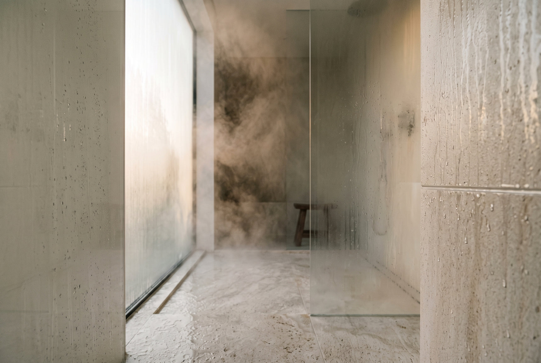 Steam rising in a running shower