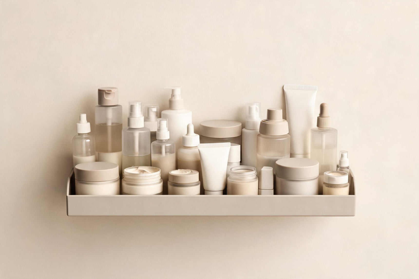 Half-used skincare bottles on a bathroom shelf